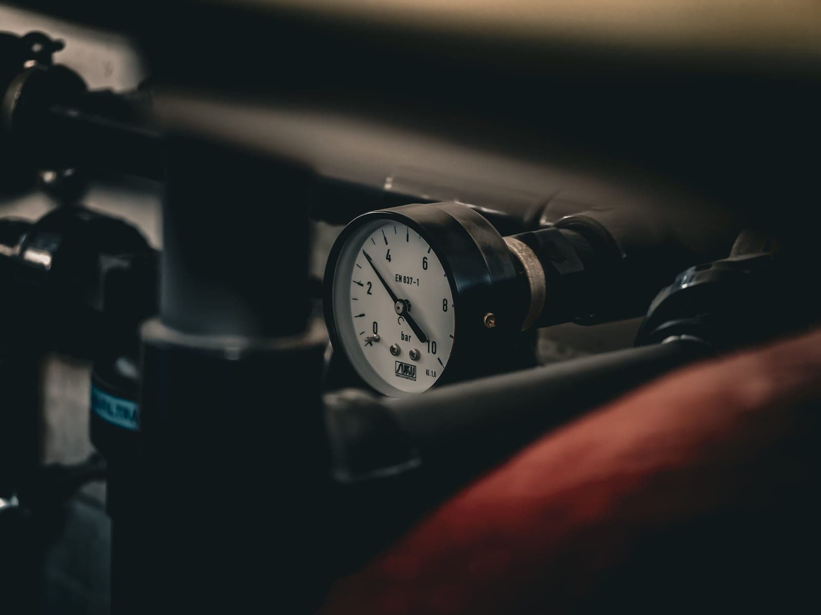 A pressure gauge on a valve fitting