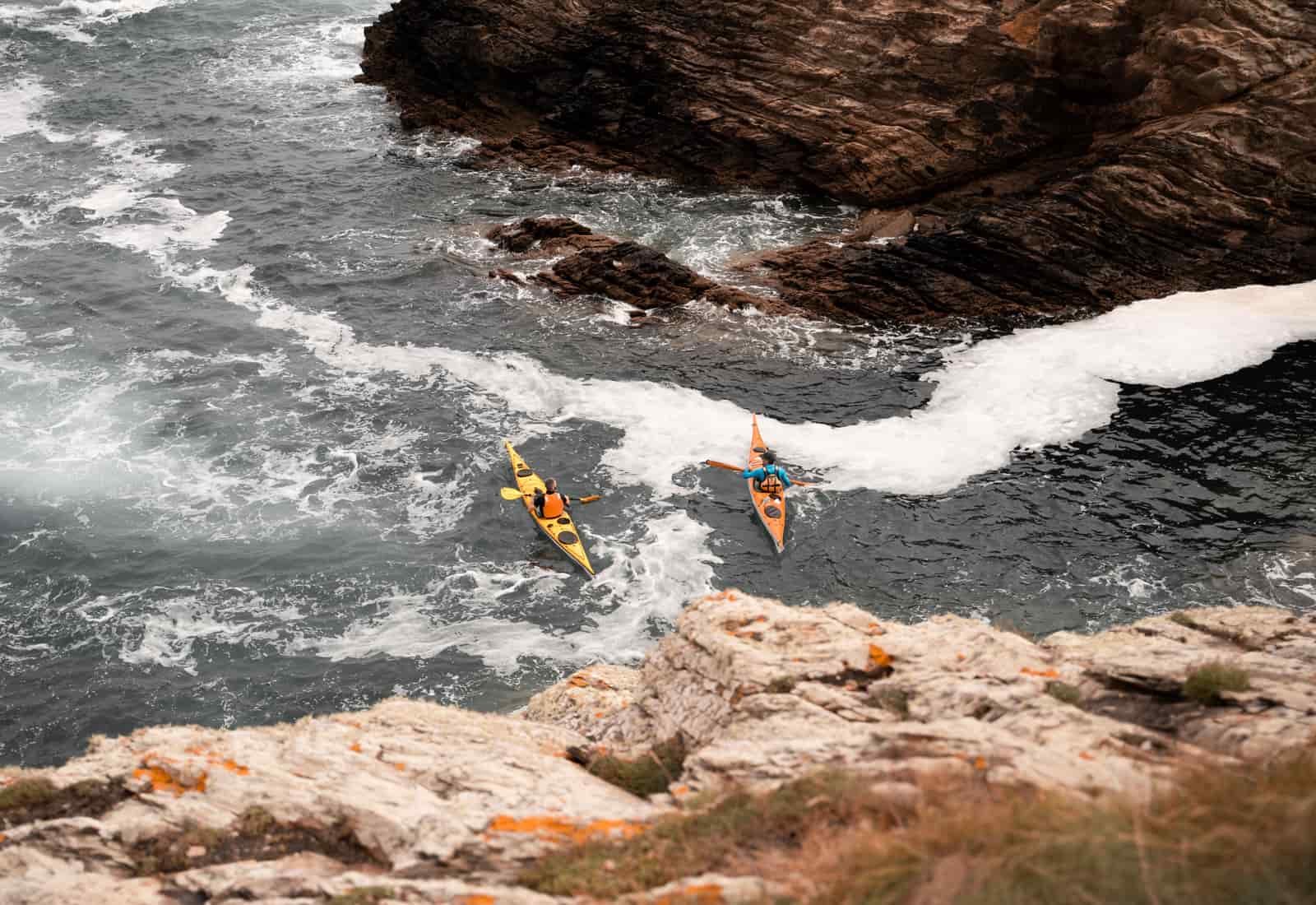 Two kayaks resting side by side at the edge of a lake